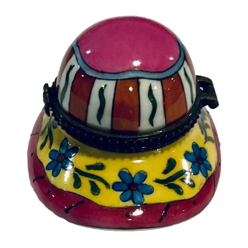 Hat Cap Bonnet Trinket Pill Box Pink Yellow Floral Colorful Ceramic Hinged